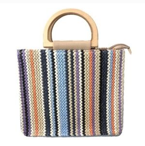 Haute Hippie Multicolor Striped Knit Tote with Wooden Handle And Gold Chain